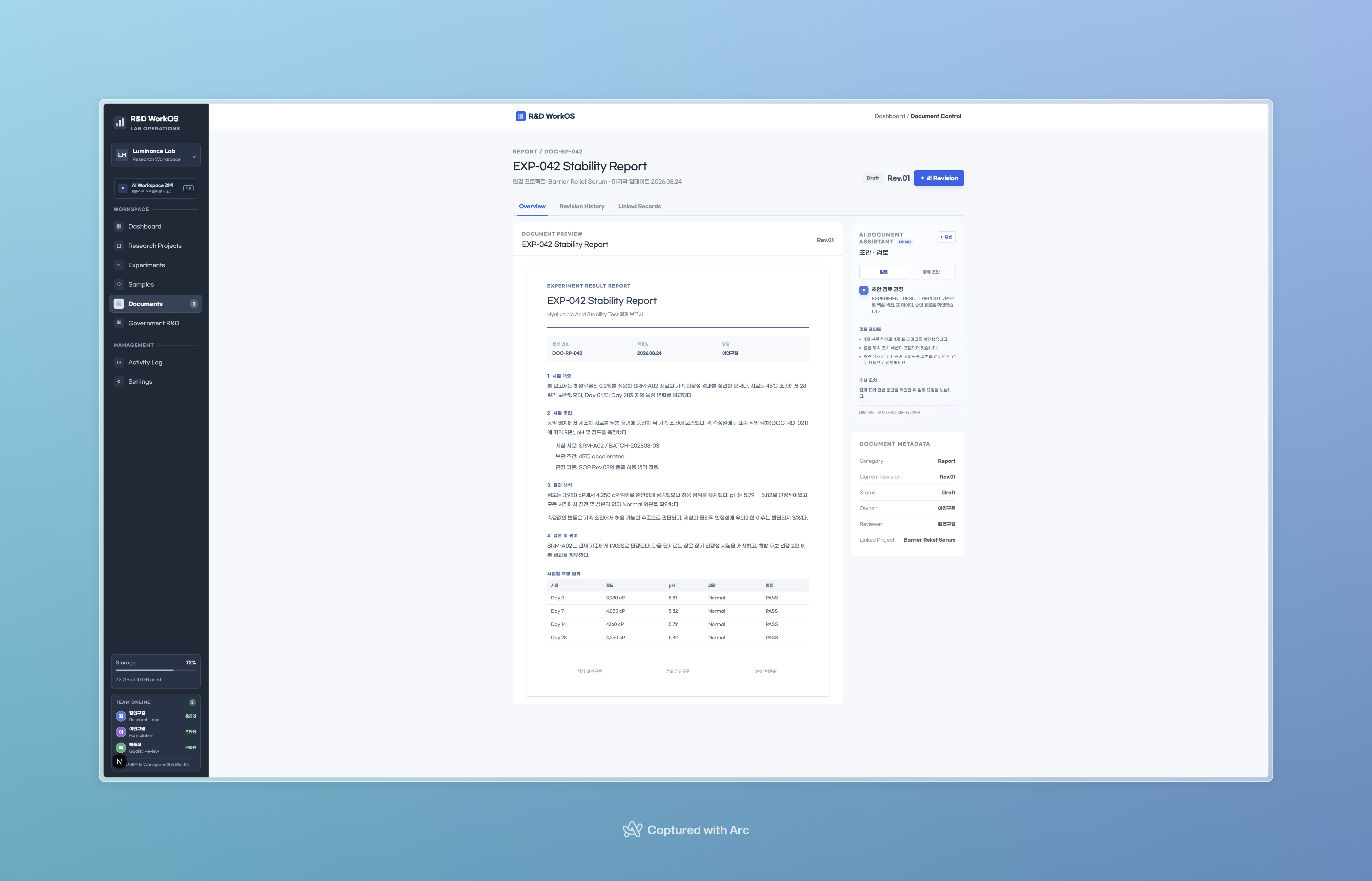 R&D WorkOS document control page showing an EXP-042 stability report and document review assistant